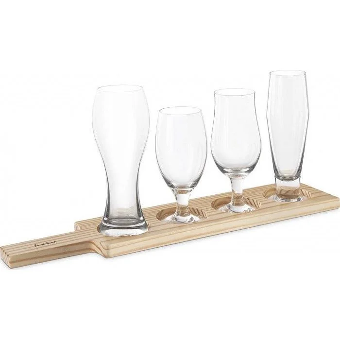 Final Touch Beer Tasting Paddle Set with 4 Beer Glasses, Wood Paddle & Tasting Guide, Light Wood