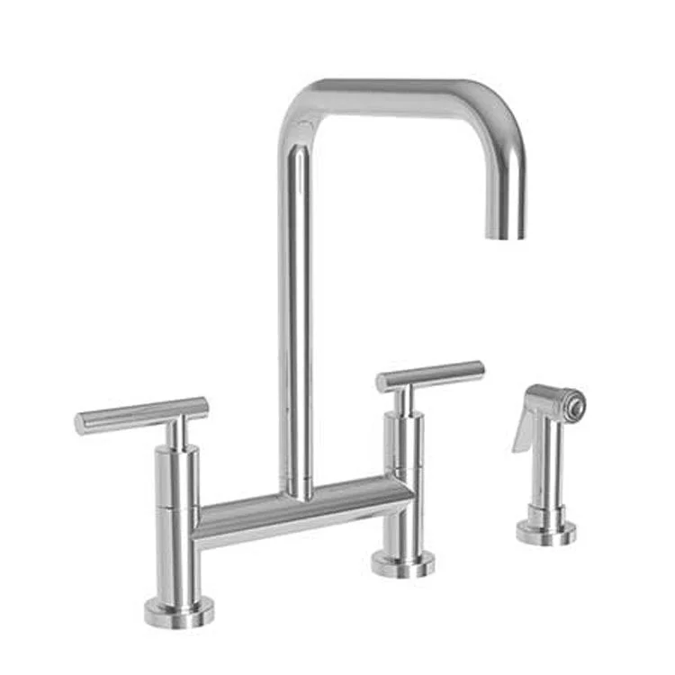 Kitchen Faucet East Square Bridge 8 Inch Spread 2 Lever ADA Satin Nickel PVD Sidespray Spout Height 11-1/5 Inch 1.8 Gallons per Minute