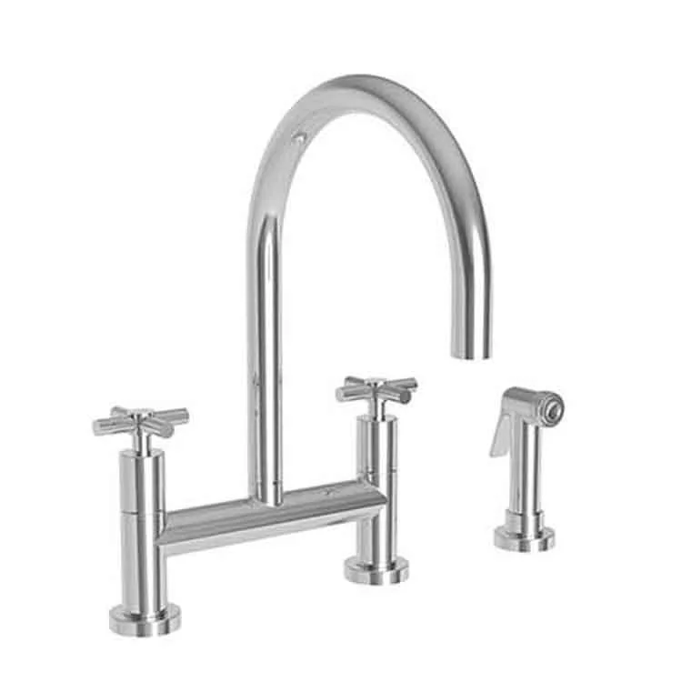 Kitchen Faucet East Linear Bridge 8 Inch Spread 2 Cross ADA Polished Nickel Sidespray Spout Height 8-1/3 Inch 1.8 Gallons per Minute