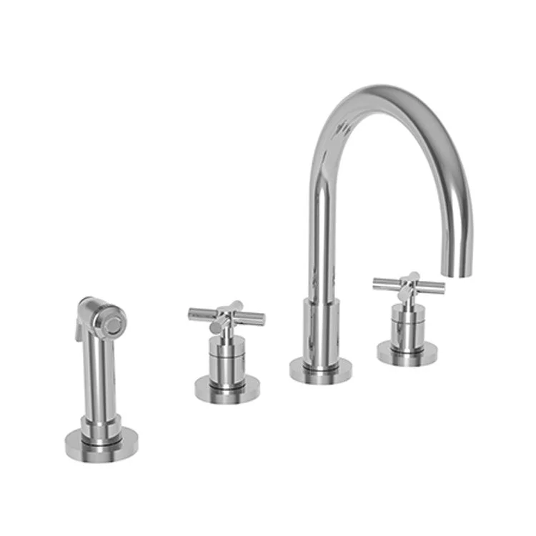 Kitchen Faucet East Linear 8 to 20 Inch Spread 2 Cross ADA Antique Nickel Pull Out Sidespray Spout Height 5-5/7 Inch Spout Reach 7-7/8 Inch 1.8 Gallons per Minute