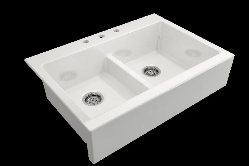 Nuova 34" x 24" x 10" Double-Basin Farmhouse Apron Front Kitchen Sink in White