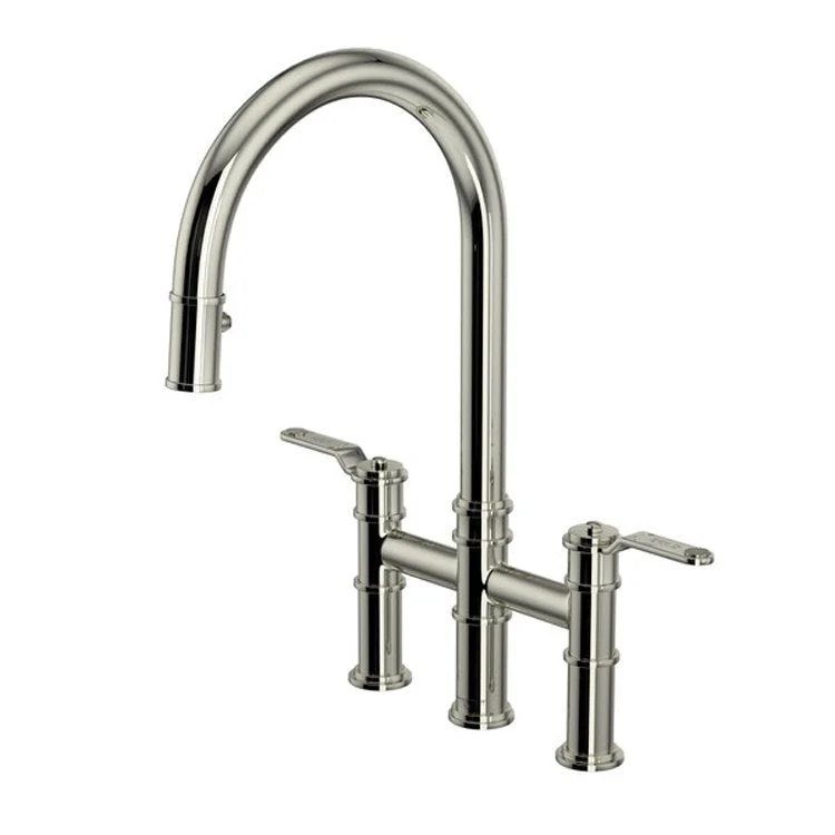 Kitchen Faucet Armstrong 8 Inch Spread 2 Lever Polished Nickel Bridge Pull Down C-Spout 1.75 Gallons per Minute