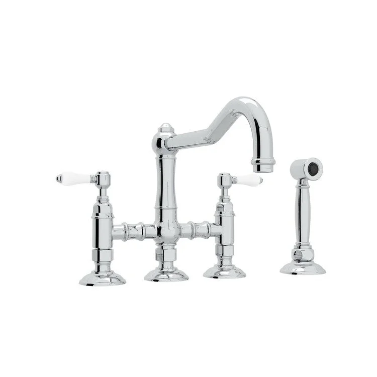 Kitchen Faucet Acqui with Sidespray 2 Porcelain Lever Polished Chrome Deck Mount Column Spout Three Leg Bridge 1.5 Gallons per Minute