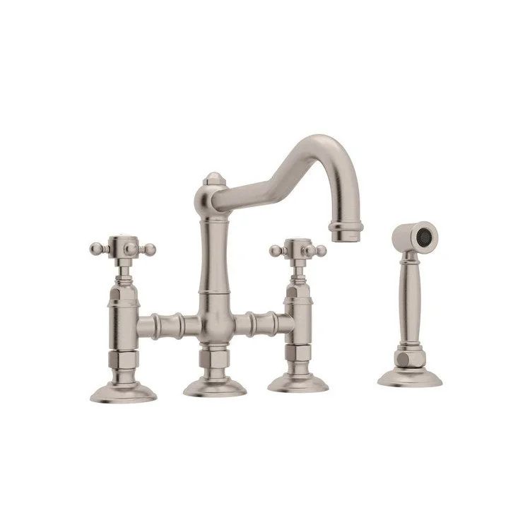 Kitchen Faucet Acqui with Sidespray 2 Cross Handle Satin Nickel Column Spout Three Leg Bridge 9-17/32 Inch 1.5 Gallons per Minute