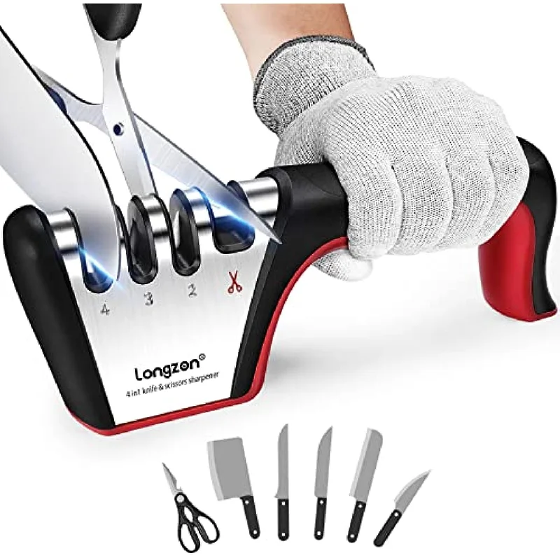 4-in-1 Knife Sharpener with a Pair of Cut-Resistant Glove