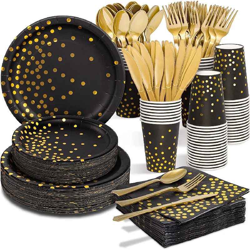 Black and Gold Party Supplies - 350 PCS Disposable Dinnerware Set - Black Paper Plates Napkins Cups, Gold Plastic Forks Knives Spoons for Birthday Christmas Halloween Thanksgiving New Years Eve Party