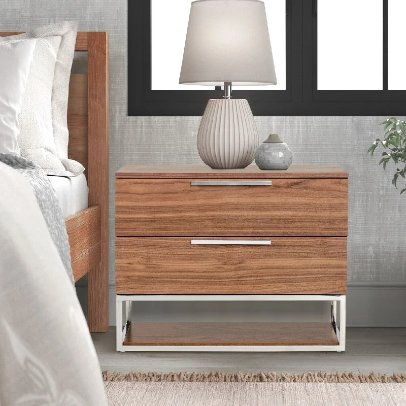 Cid 30 Inch Modern Nightstand, 2 Drawers, Steel Open Frame, Walnut