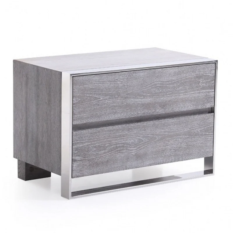 Cid Anvi 28 Inch Nightstand, 2 Drawers, Stainless Steel Frame, Elm Gray