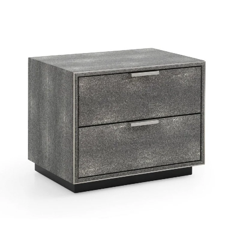 Cid Dion 24 Inch Nightstand, 2 Drawers, Shagreen Veneer, Stainless Steel