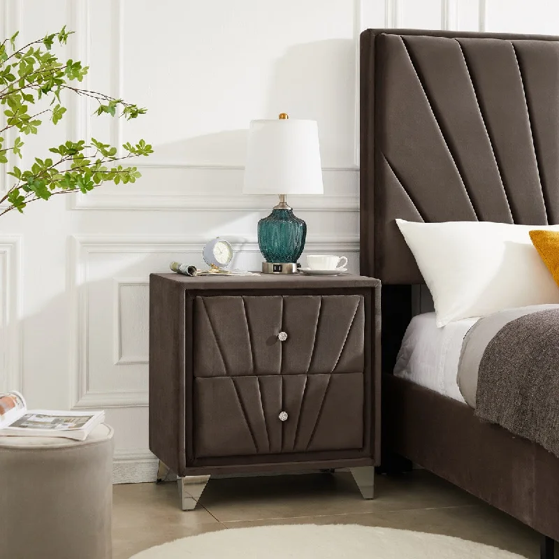 Double-Decker Nightstand with 2 Drawers - Flannelette Upholstery - Stainless Steel Legs