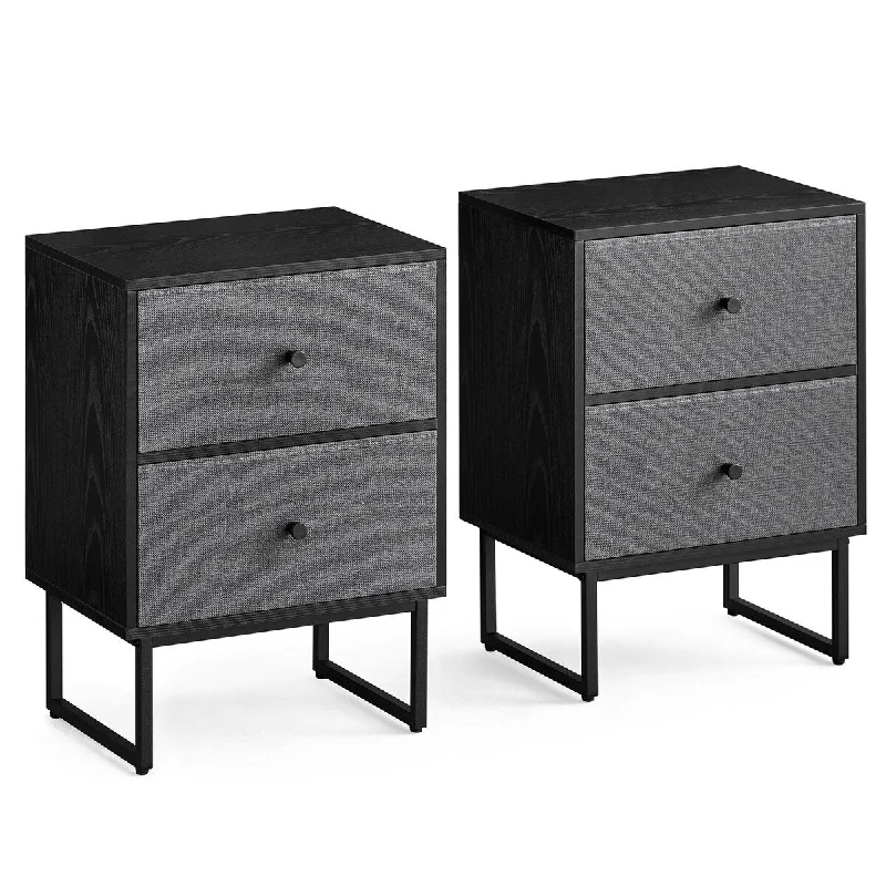 Jem 22 Inch Nightstand Set of 2, Soft Fabric Front Drawers, Black Steel