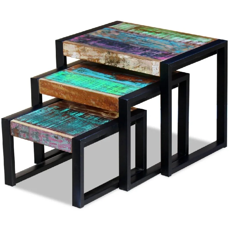 3 Pieces Reclaimed Wood Nesting End Side Table Set Stackable Nightstand Corner Tables with Steel Frame Leg