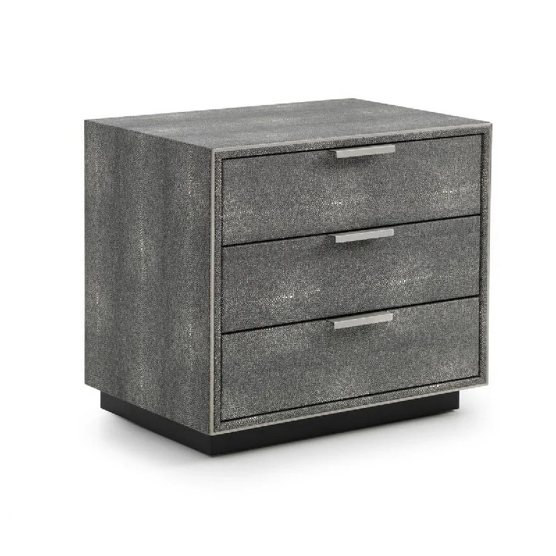 Cid Dion 24 Inch Nightstand, 3 Drawers, Shagreen Veneer, Stainless Steel