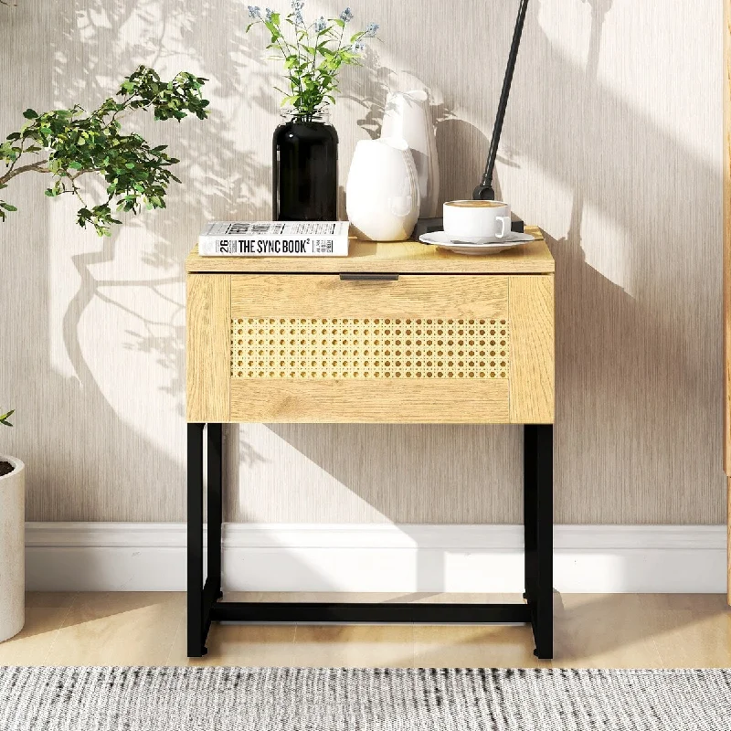 Nightstand Side Table, End Table, Sofa Side Table, With Wicker Rattan, Wood Color MDF and Black Steel Frame