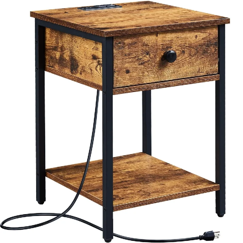 Nightstand with Charging Station and USB Ports, Side Table End Table with Drawer, Open Storage Shelf and Steel Frame