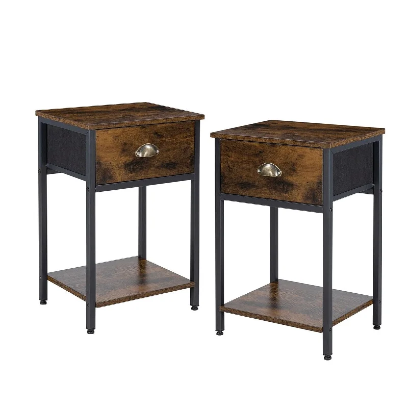 Nightstand with Wooden Drawer and Storage Shelf, Narrow Side Table for Small Spaces with Industrial Steel Frame, Modern