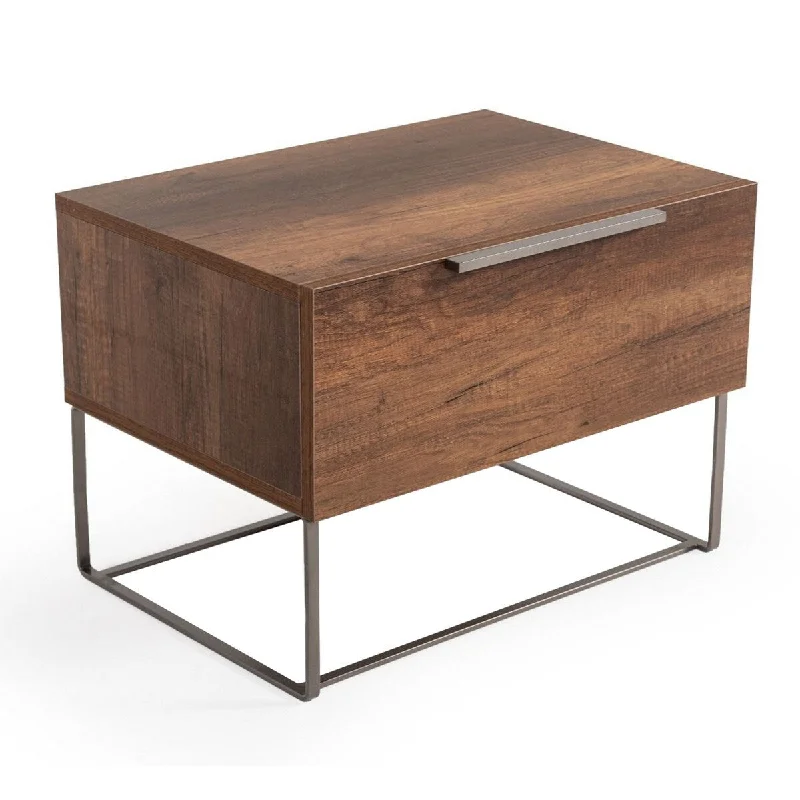 Noe In 24 Inch Modern Nightstand, Rich Brown Wood, Stainless Steel Legs