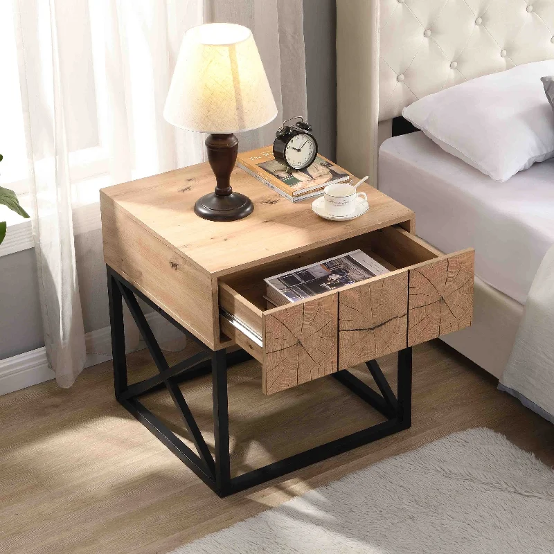 Wood Night Stand End Table with Drawer,Black Steel Frame Nightstand