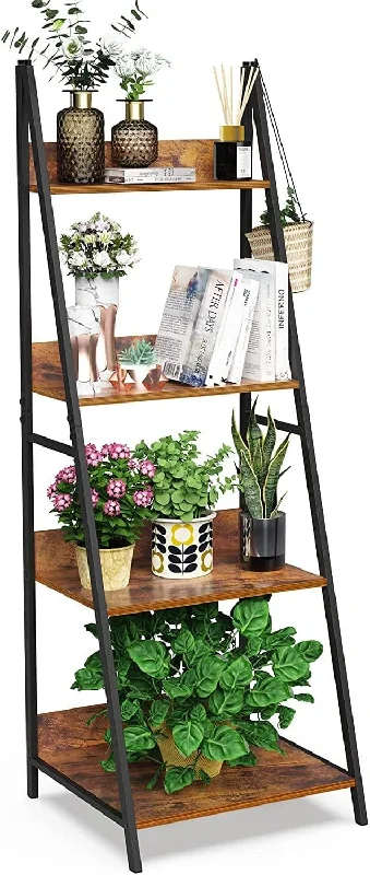 4-Tier Ladder Shelf, Wood Plant Flower Stand Storage Rack Shelf Steel Frame for Office and Home(Brown)