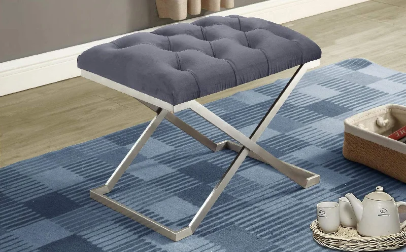 Grey Velvet Fabric Stainless Steel Legs Ottoman