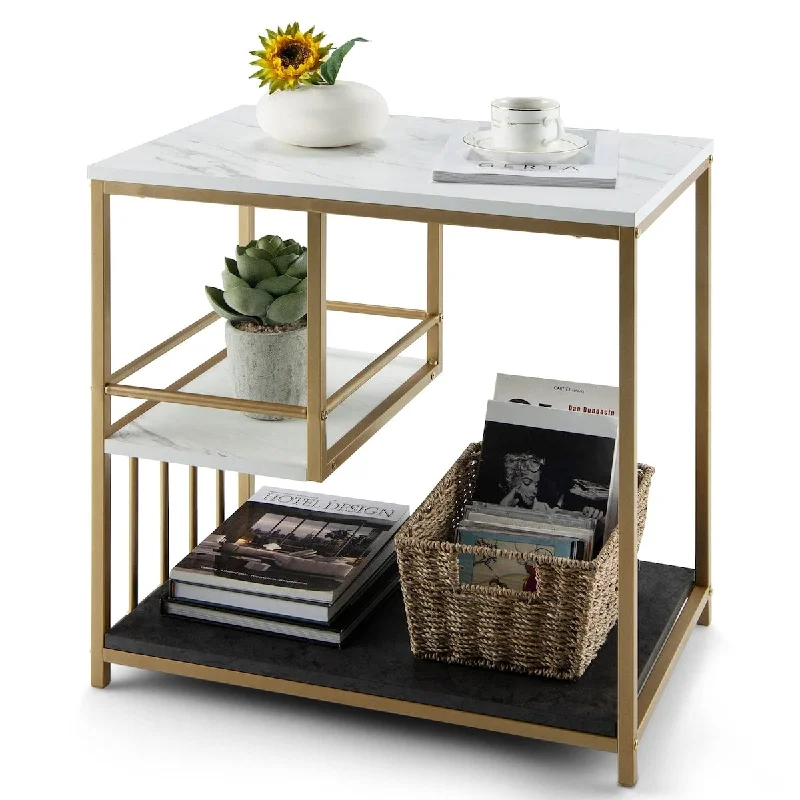 Side Table with Storage, 3-Tier End Table with Golden Polished Steel Frame Sofa Couch Table for Living Room,