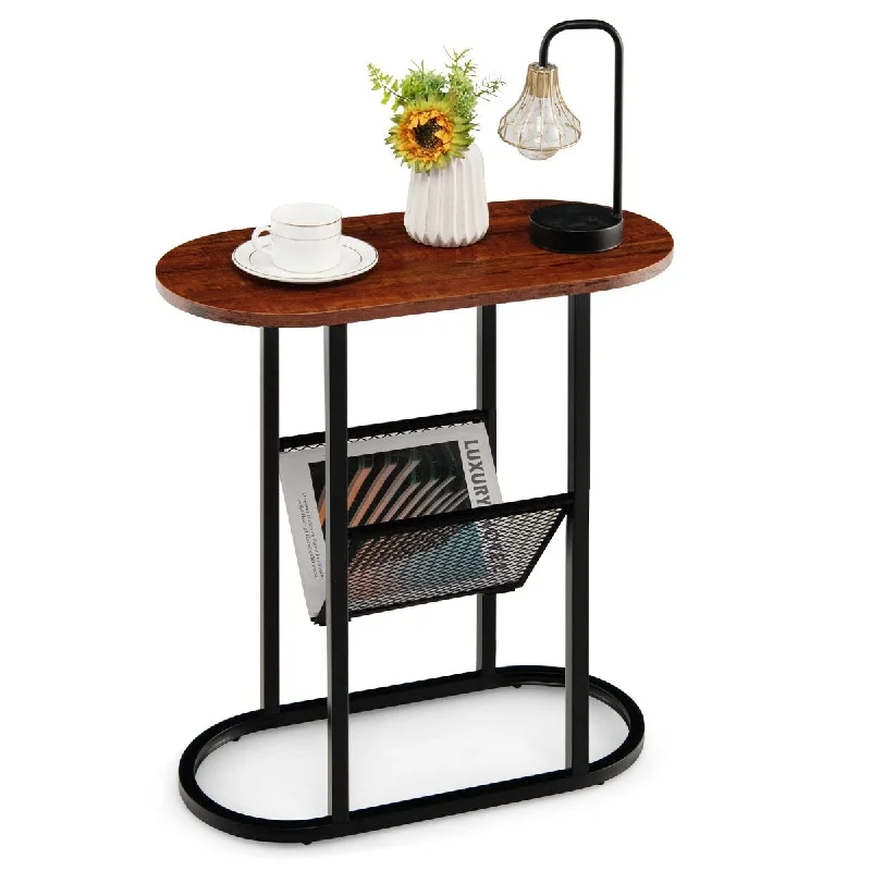 Industrial Oval Side Table, 2-Tier End Table w/Mesh Shelf, Floor Coffee Table w/Heavy-Duty Steel Frame, Compact Nightstand